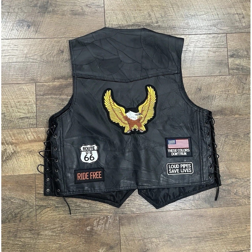 Vintage Buffalo Leather Biker Vest Jacket‎ With Patches - Black - Large